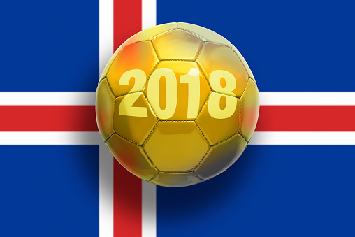 Golden soccer ball on flags background..