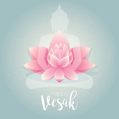 Happy Vesak day. Vector illustration greeting card. Pink lotus flower with buddhas silhouette.