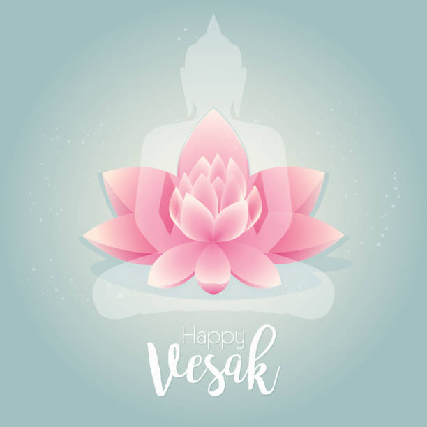Happy Vesak day. Vector illustration greeting card. Pink lotus flower with buddhas silhouette. Vector illustration greeting card for Vesak day. Pink lotus flower with buddhas silhouette. vesak day stock illustrations