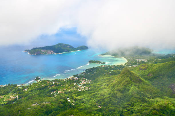 Panoramic view on port glaud and port launay from Morne Blanc Hille, Seychelles