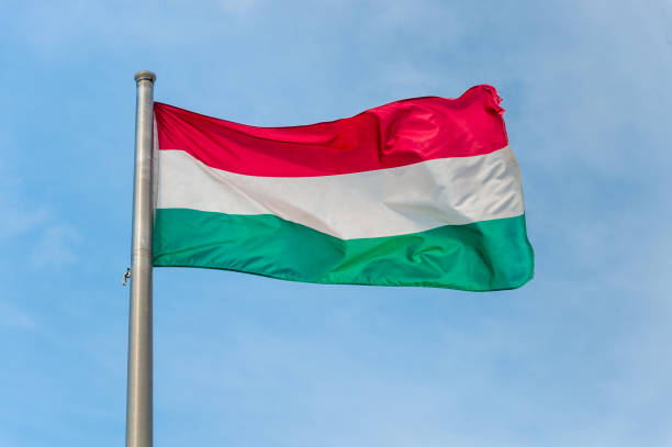 bandera nacional húngara sobre cielo azul - hungarian flag fotografías e imágenes de stock