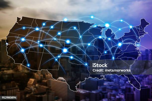 Communication Network Of United States Of America Stock Photo - Download Image Now - USA, Map, American Culture