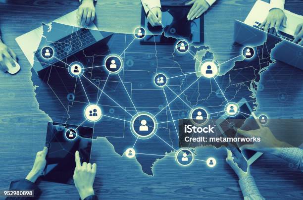 Computer Network Of United States Of America Stock Photo - Download Image Now - USA, Map, Connection