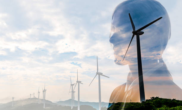 silhouette of businesswoman and wind power generation. environmental issues concept. - wind turbine fuel and power generation clean industry imagens e fotografias de stock