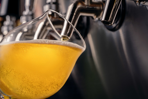 Image of golden-colored beer being poured into a glass from a wall tap
