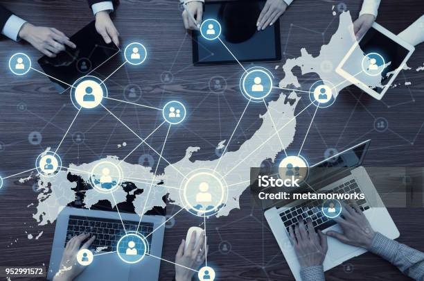 Network Of Japan Japanese Communication Network Stock Photo - Download Image Now - Sharing, Computer Network, Data