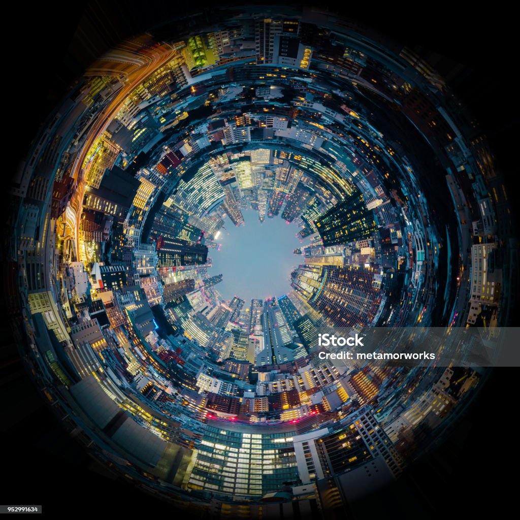 Circle panorama of urban city skyline, such as if they were taken with a fish-eye lens Circle Stock Photo