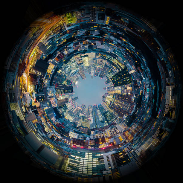 circle panorama of urban city skyline, such as if they were taken with a fish-eye lens - camera lens photography digitally generated image imagens e fotografias de stock