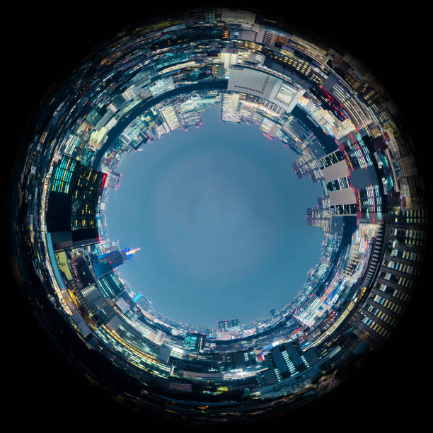 panorama du cercle des toits de la ville urbaine, par exemple, si elles ont été prises avec un objectif fish-eye - fish eye lens photos et images de collection