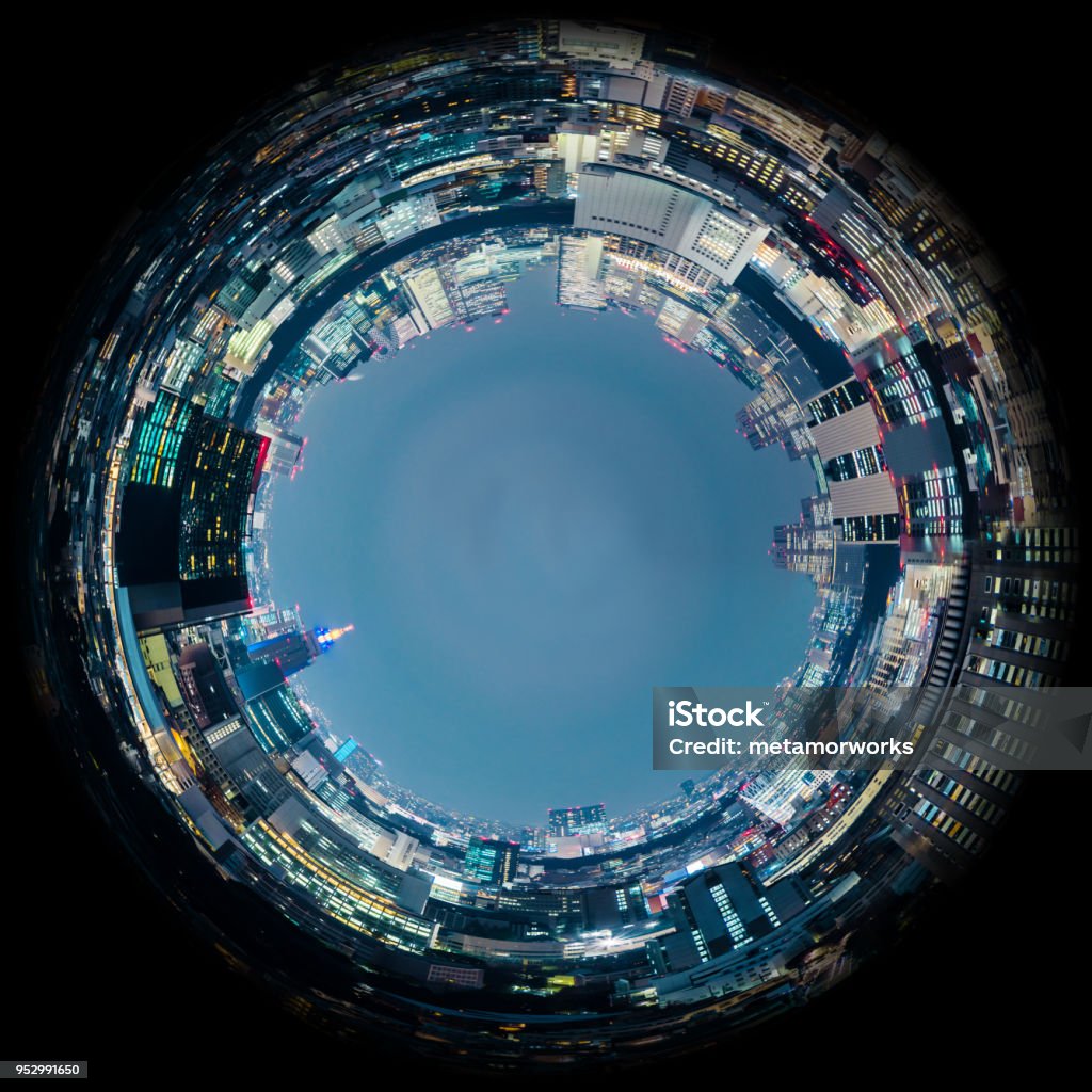 Circle panorama of urban city skyline, such as if they were taken with a fish-eye lens Night Stock Photo