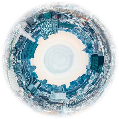 Circle panorama of urban city skyline, such as if they were taken with a fish-eye lens