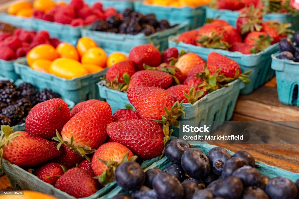Strawberries For Sale At Farmers Market Farmer's Market Stock Photo