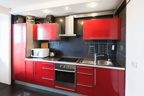 Modern kitchen room interior Modern kitchen room interior. Black, red and white design red kitchen cabinets stock pictures, royalty-free photos & images