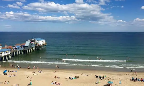 aerial view of beachgoers and boardwalk in Maine, USA