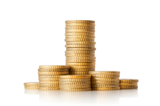 rendered illustration concept of golden coins, spinning set of gold coins in many different angles, isolated on white background