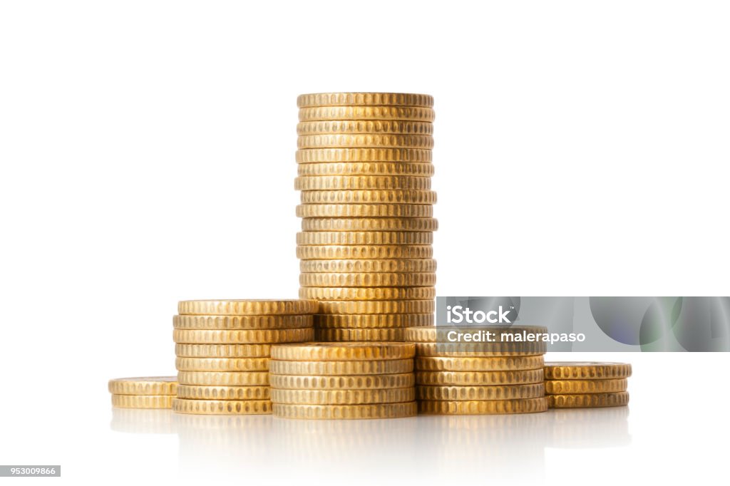 Pile of golden coins on white background Pile of golden coins on white background. Coin Stock Photo