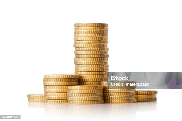 Pile Of Golden Coins On White Background Stock Photo - Download Image Now - Coin, Currency, Stack