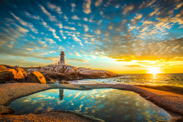Peggy's cove lighthouse sunset ocean view landscape in Halifax, Nova Scotia stock photo