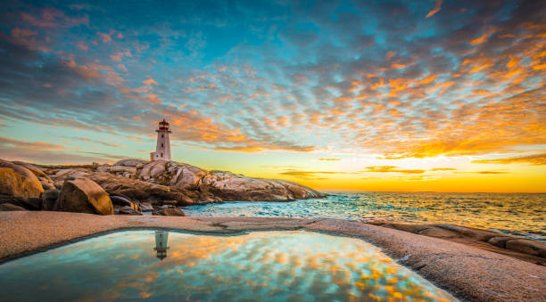 Photo of Peggy's cove lighthouse sunset ocean view landscape in Halifax, Nova Scotia