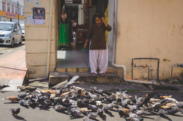 Jan 30,2018 Klang,Malaysia.The local people feed pigeons on the street.