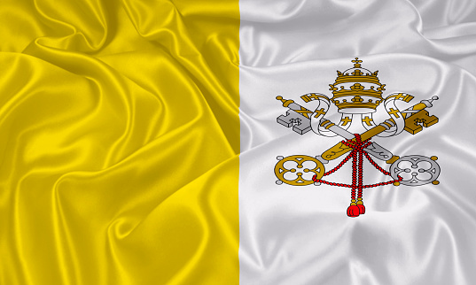 Vatican City flag wave close up. Full page Vatican City flying flag. Highly detailed realistic 3D rendering.