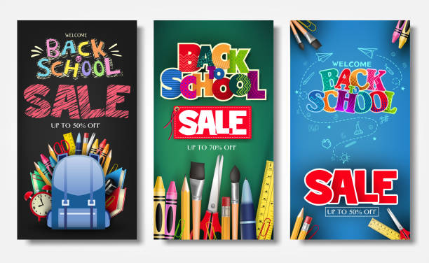 ilustrações de stock, clip art, desenhos animados e ícones de promotional vertical poster and banner set with creative styles - school supply