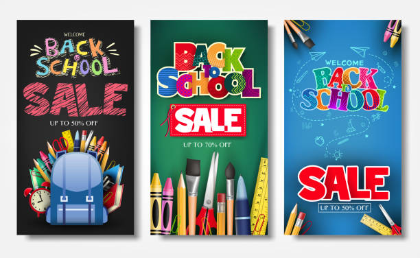 Promotional Vertical Poster and Banner Set with Creative Styles Promotional Vertical Poster and Banner Set with Creative Styles of Back to School Sale Text Titles in Different Colored Backgrounds for Marketing Purposes school supplies stock illustrations