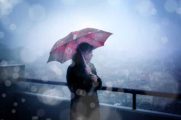 istock woman with umbrella looking at view while snowing in winter time 953015204
