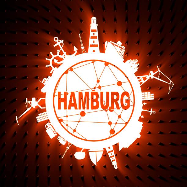 Neon shine sea shipping and travel relative silhouettes. Hamburg city name text. 3D rendering