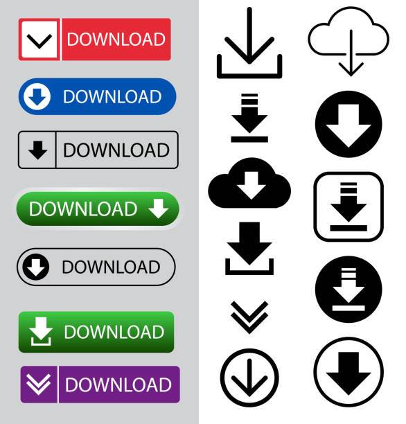 przycisk pobierania i zestaw ikon dla symbolu znaku internetowego - downloading stock illustrations