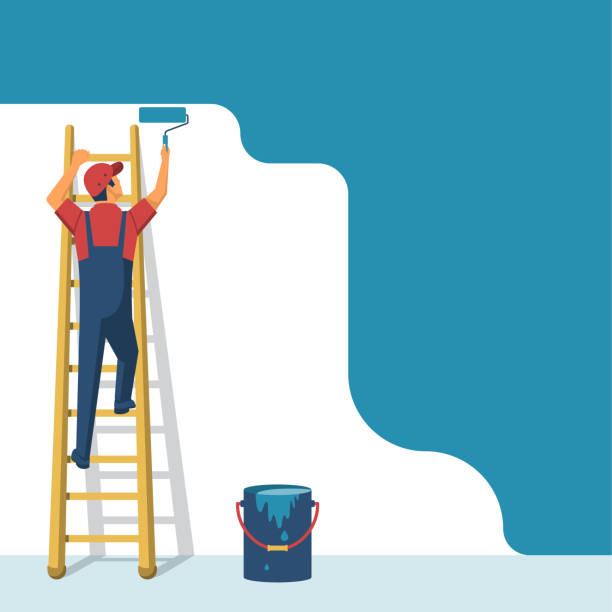 Painter standing on staircase paints the wall Painter standing on staircase paints the wall. A man is holding a paint roller in hand. Vector illustration of flat design style. Human runs to provide construction work. Customer Service. Worker in uniform. construction worker illustrations stock illustrations
