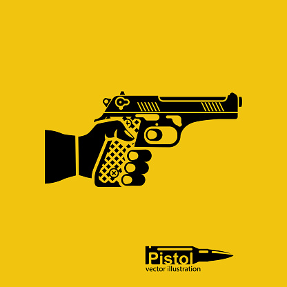 Pistol silhouette,hold in hand male. Gun pictogram in man. Firearms isolated on background. Man is armed for protection or attack. Vector illustration flat design. attacker or cop.