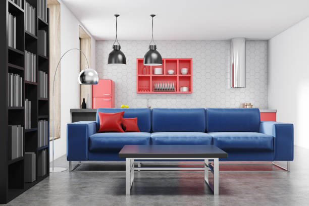 istock Kitchen and living room, blue sofa 953024898