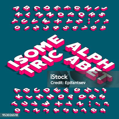 istock Isometric alphabet font. Three-dimensional effect bold letters and numbers with drop shadow. 953026518
