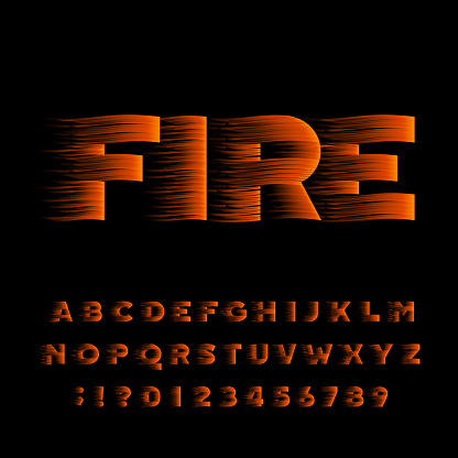 Fire alphabet font. Flame effect bold type letters and numbers. Stock vector typeset.