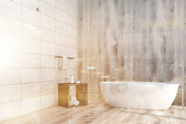 istock Wooden tiles bathroom corner, bathtub toned 953026780
