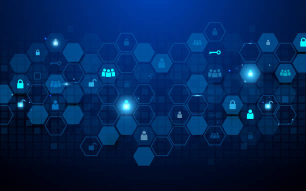 istock Abstract technology and Social communications icons concept. Abstract hexagons and geometric on dark blue background 953027282