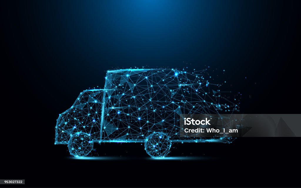 高速配信トラック アイコン形状のラインや三角形、青の背景にネットワークを接続するポイント。イラスト - トラックのロイヤリティフリーベクトルアート