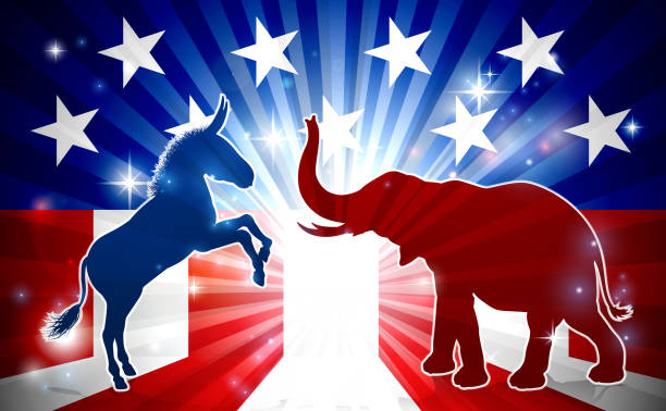Elephant and Donkey Mascots Silhouettes An elephant and donkey in silhouette facing off with an American flag in the background democrat and republican political mascot animals democratic party logo stock illustrations