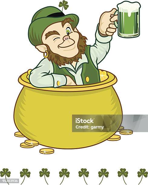 Irish Leprechaun Raises A Glass In His Pot Of Gold Stock Illustration - Download Image Now - Leprechaun, St. Patrick's Day, Alcohol - Drink
