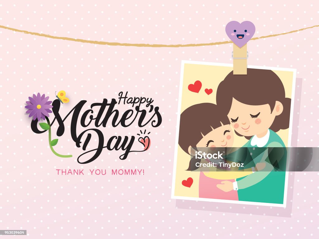 Mother's day_2018_1 Happy Mother's Day template design. Photo of cartoon mother & daughter hugging together. Vector photo frame with pin & mother's day greetings lettering decorated with flower & butterfly. Mother's Day stock vector