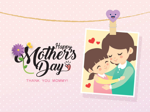 Mother's day_2018_1 Happy Mother's Day template design. Photo of cartoon mother & daughter hugging together. Vector photo frame with pin & mother's day greetings lettering decorated with flower & butterfly. invertebrate photos stock illustrations