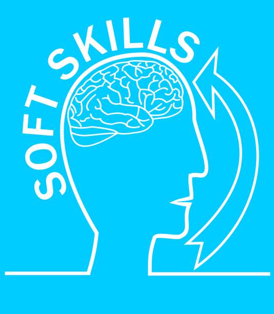 istock Soft skills presentation template with human head outline silhouette, brain, arrow, on trendy light blue background 953043908