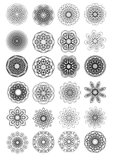 мега набор старинных круг декоративных узоров, состоящий из спиральных форм. монолинный дизайн на белом фоне. элементы восточного дизайна - sewing item fragility doily pattern stock illustrations