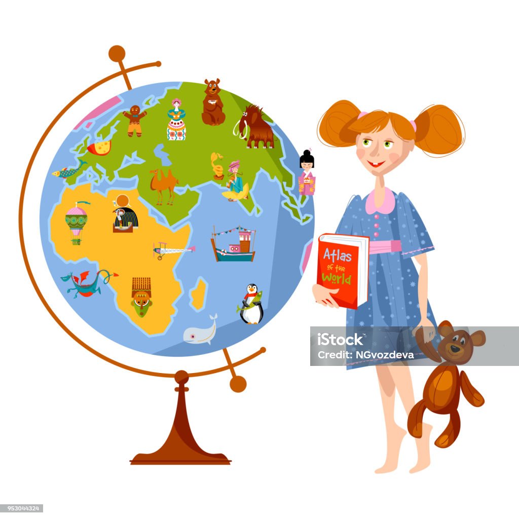 A girl with a teddy bear and a world atlas looking at the globe map. Back to school. A girl with a teddy bear and a world atlas looking at the globe map. Back to school. Vector illustration. World Map stock vector