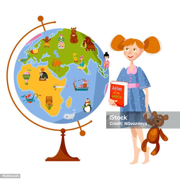 A Girl With A Teddy Bear And A World Atlas Looking At The Globe Map Back To School Stock Illustration - Download Image Now