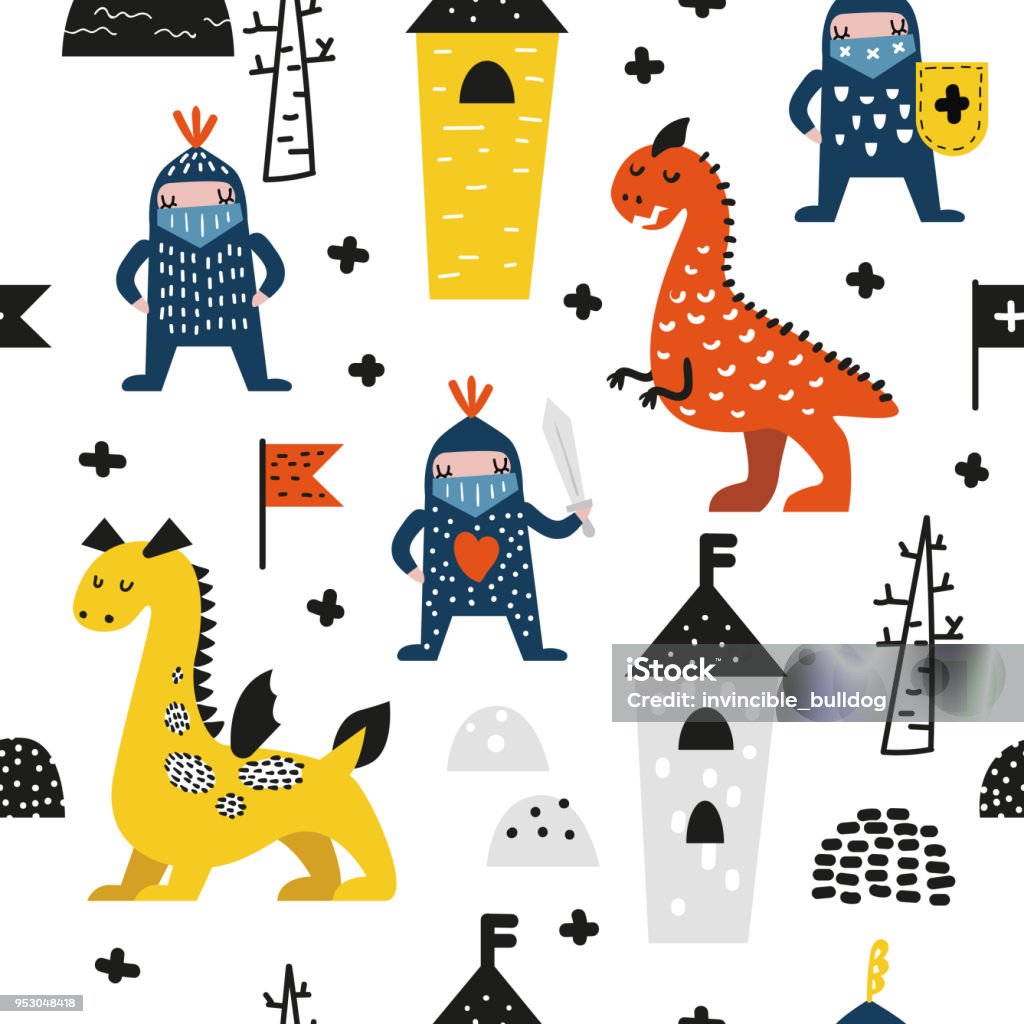 Hand Drawn Seamless Pattern with Dragons and Knights. Creative Childish Background with Cute Hero Boys for Fabric, Textile, Wallpaper, Decoration, Prints. Vector illustration Knight - Person stock vector