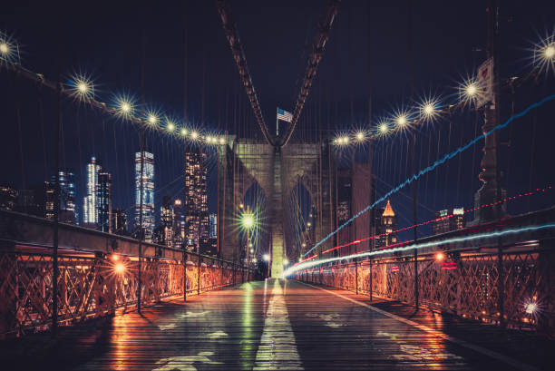 브루클린 다리, 뉴욕시, 아메리카 합중국 - new york city night brooklyn bridge skyline 뉴스 사진 이미지