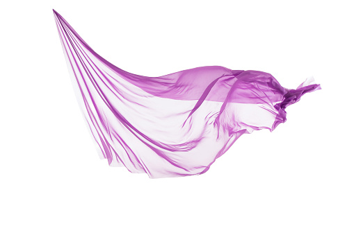 purple transparent flying fabric isolated on white background. cloth in the wind