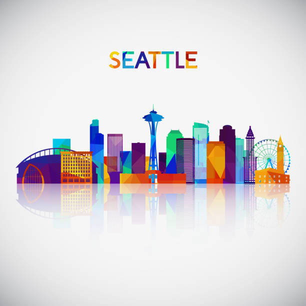 seattle skyline silhouette im bunten geometrischen stil. symbol für ihr design. vektor-illustration. - west facade stock-grafiken, -clipart, -cartoons und -symbole